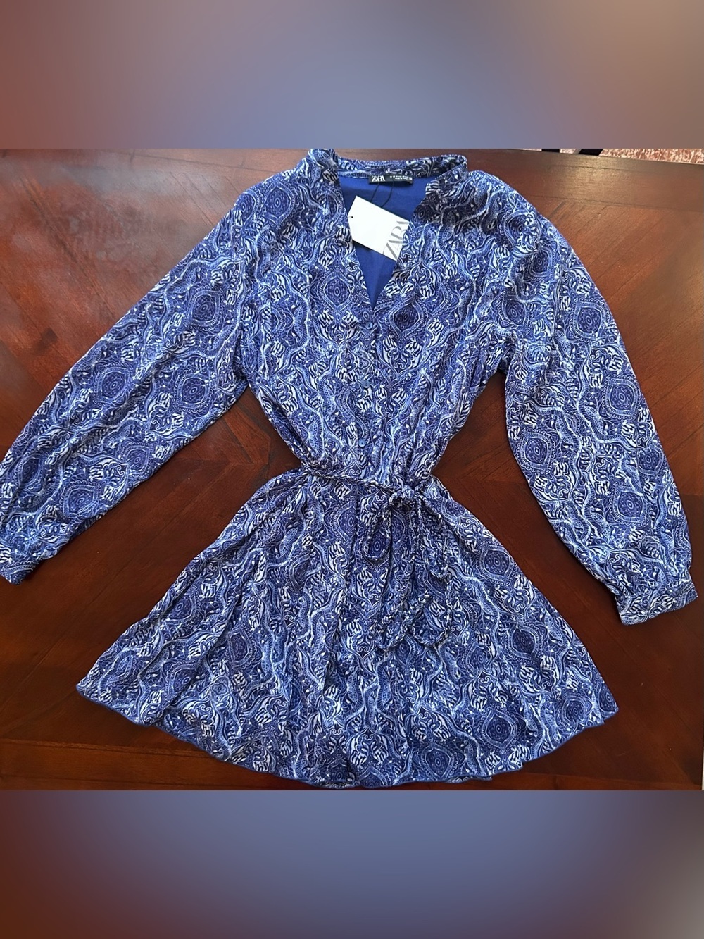 New Zara Blue Paisley V‑Neck Long‑Sleeve Mini Dress size M - Picture 4 of 10